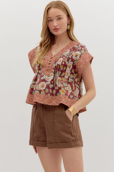 fallen halo floral pintuck top | burgundy