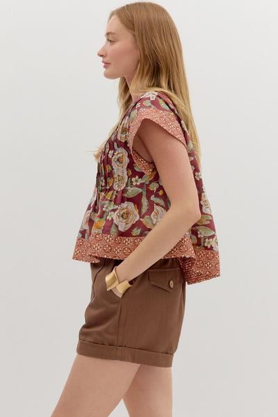 fallen halo floral pintuck top | burgundy