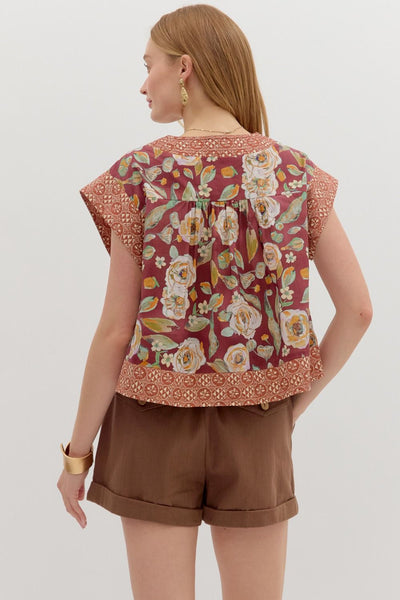 fallen halo floral pintuck top | burgundy