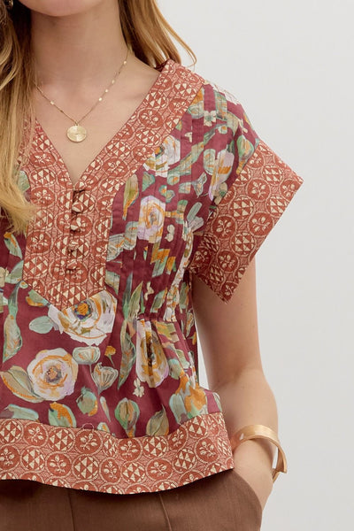 fallen halo floral pintuck top | burgundy