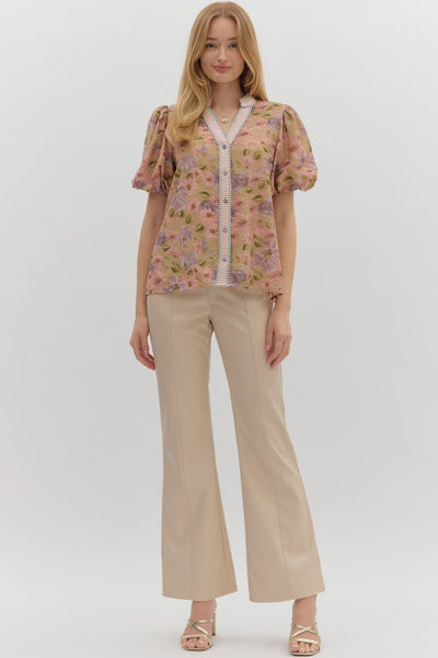 lovely as ever floral puff sleeve top | camel