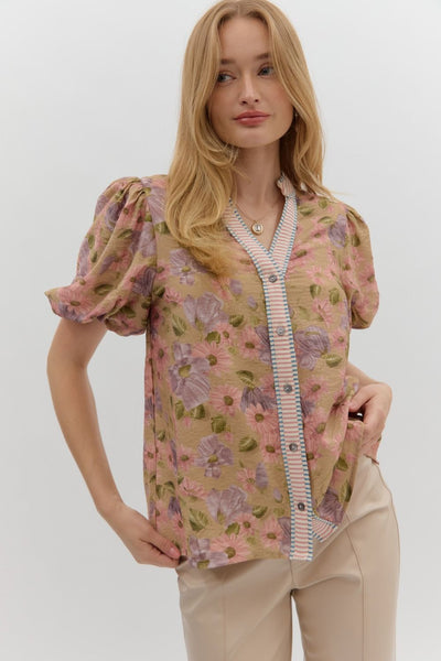 lovely as ever floral puff sleeve top | camel