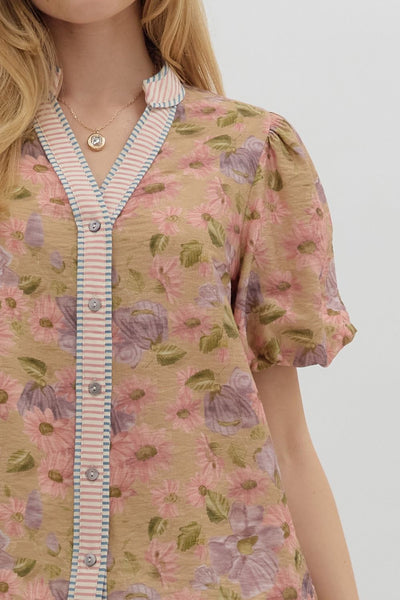 lovely as ever floral puff sleeve top | camel