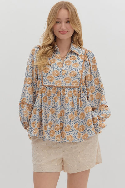 in this moment floral scallop trim top | camel
