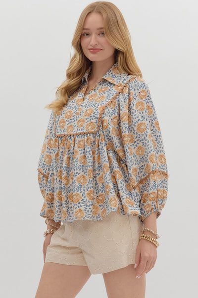 in this moment floral scallop trim top | camel