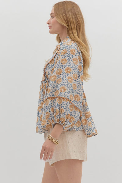 in this moment floral scallop trim top | camel