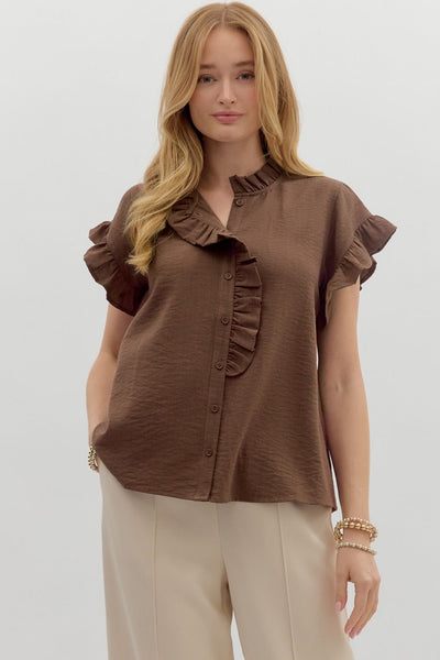 leave them guessing button front ruffle top | espresso