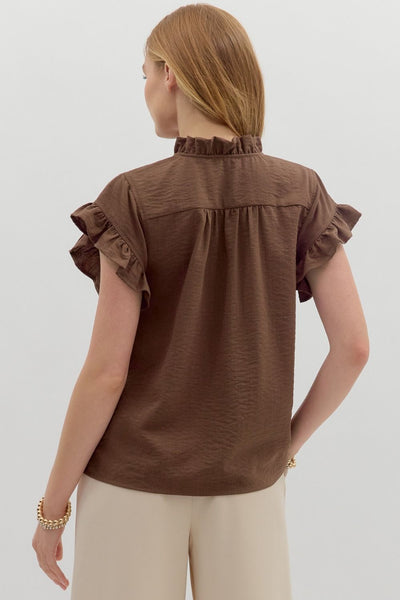 leave them guessing button front ruffle top | espresso
