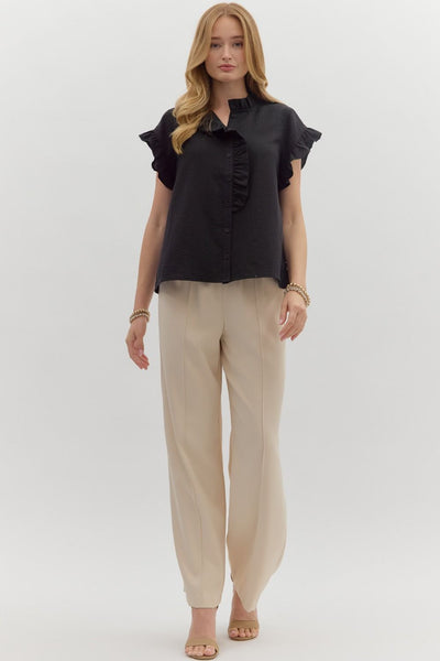 leave them guessing button front ruffle top | black