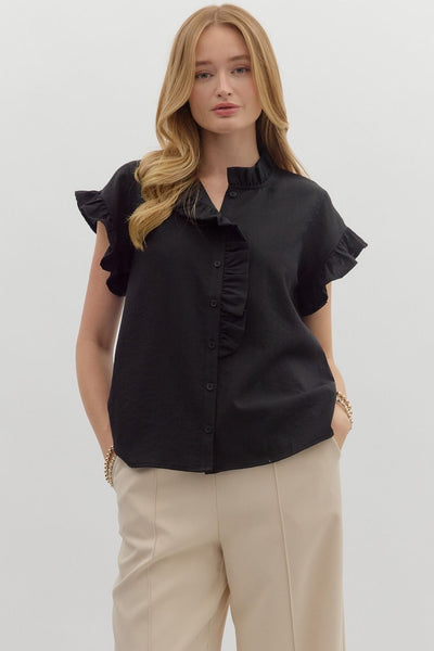 leave them guessing button front ruffle top | black