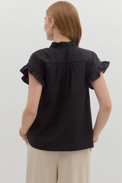 leave them guessing button front ruffle top | black