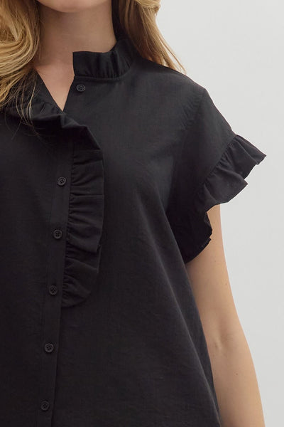 leave them guessing button front ruffle top | black