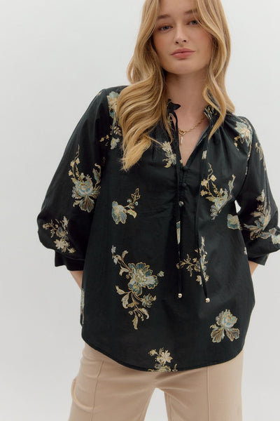sweeter somehow floral bubble sleeve top | black