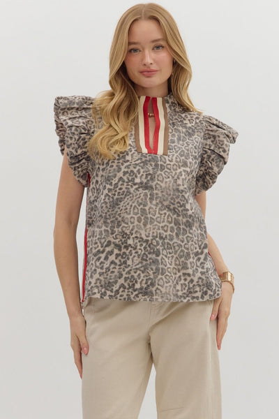concrete jungle puff sleeve denim top | leopard print