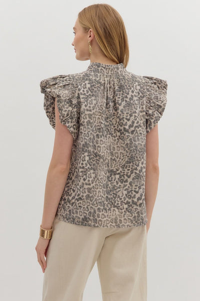 concrete jungle puff sleeve denim top | leopard print