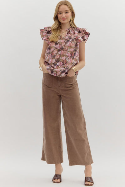 my happy place floral ruffle sleeve top | mauve