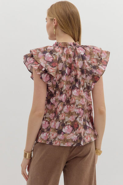 my happy place floral ruffle sleeve top | mauve