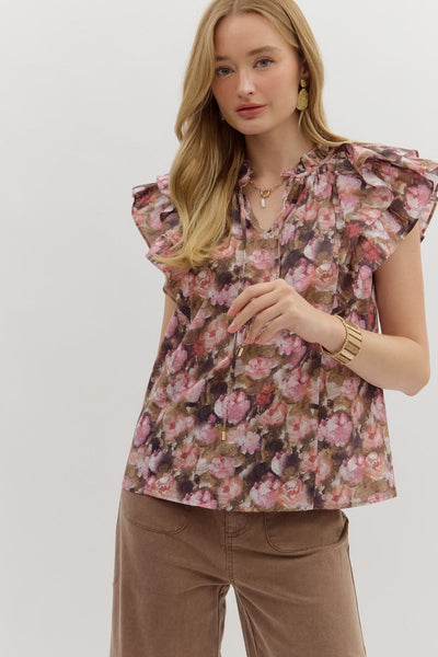 my happy place floral ruffle sleeve top | mauve