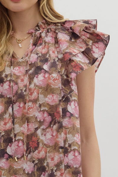 my happy place floral ruffle sleeve top | mauve