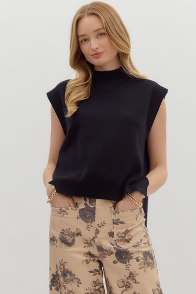 fell for it mock neck knit sweater tank | black