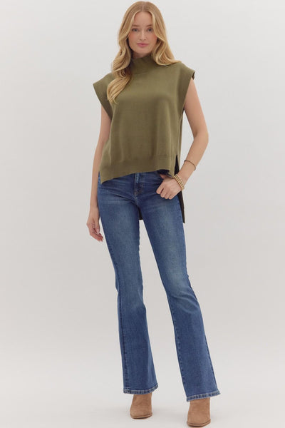 fell for it mock neck knit sweater tank | olive