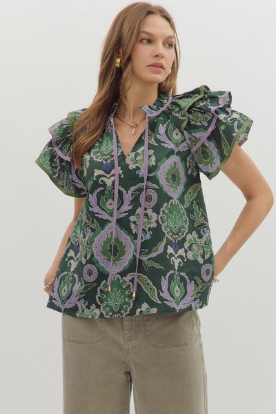 blissful days tiered ruffle sleeve top | green