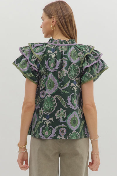 blissful days tiered ruffle sleeve top | green