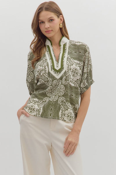 beautiful essence abstract dolman sleeve top | olive