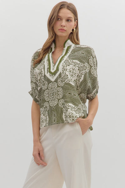 beautiful essence abstract dolman sleeve top | olive