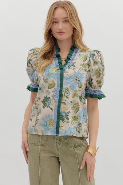 at my happiest floral puff sleeve top | ecru