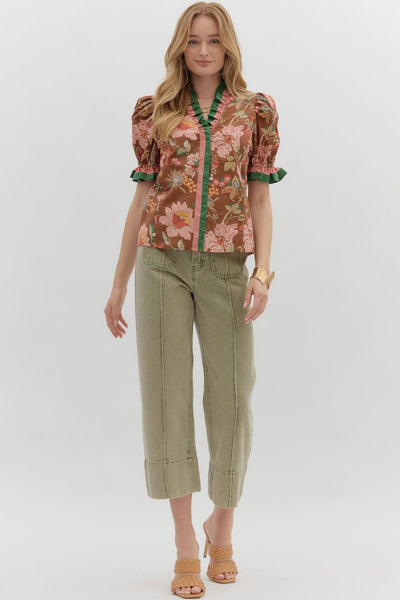at my happiest floral puff sleeve top | brown
