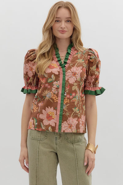 at my happiest floral puff sleeve top | brown