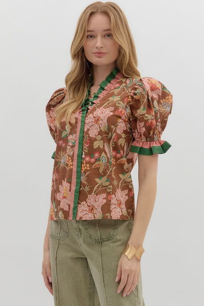 at my happiest floral puff sleeve top | brown