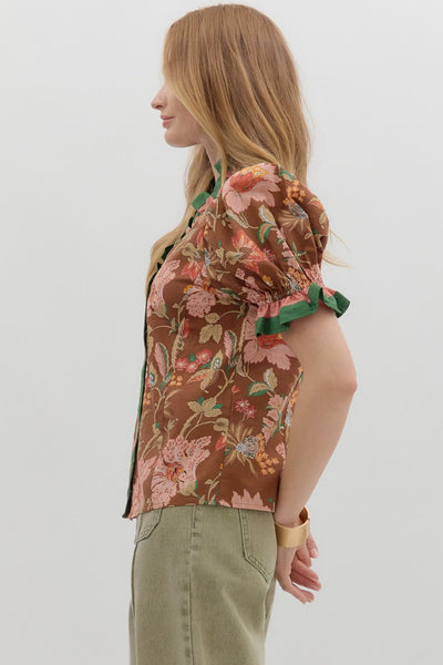 at my happiest floral puff sleeve top | brown
