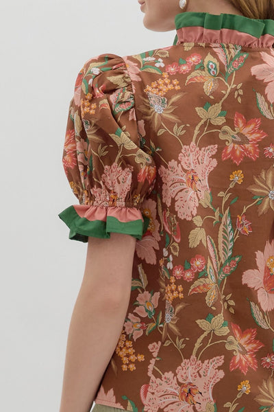 at my happiest floral puff sleeve top | brown