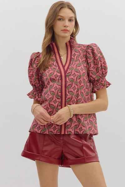 early morning sunrise abstract puff sleeve top | wine