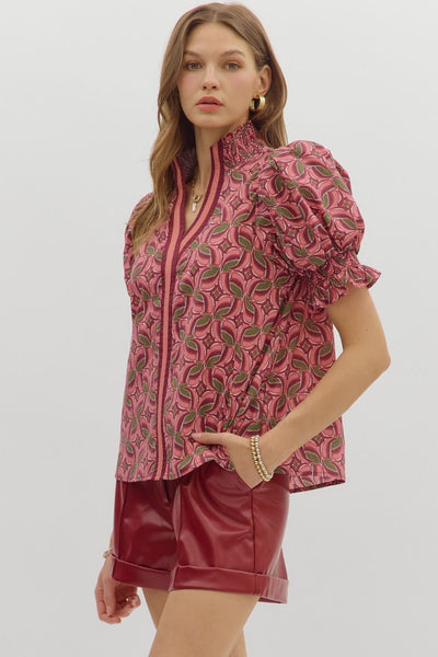 early morning sunrise abstract puff sleeve top | wine