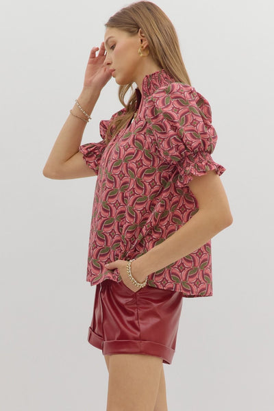 early morning sunrise abstract puff sleeve top | wine