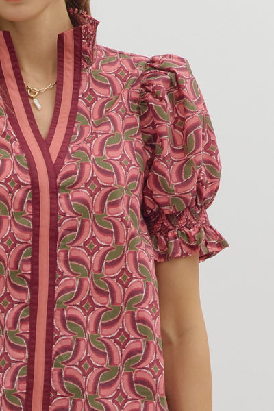 early morning sunrise abstract puff sleeve top | wine