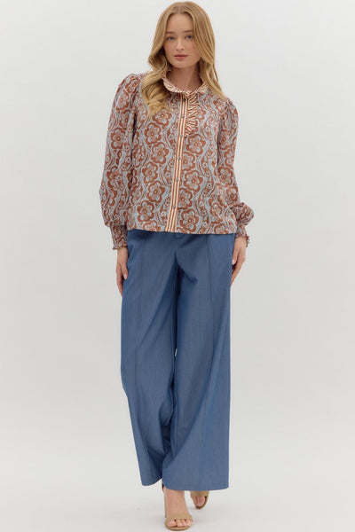 ending on a high note floral long sleeve top | camel