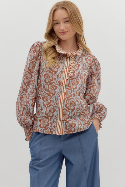 ending on a high note floral long sleeve top | camel