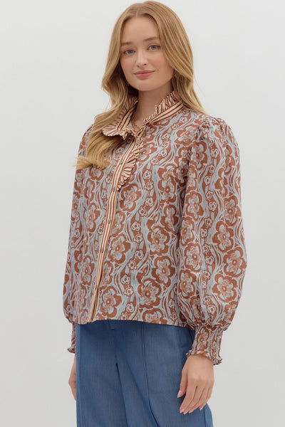 ending on a high note floral long sleeve top | camel