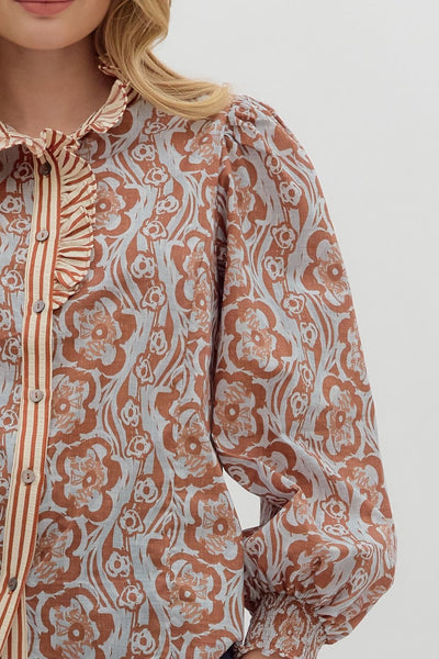 ending on a high note floral long sleeve top | camel