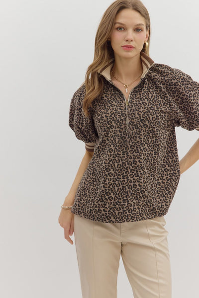 wild is the wind leopard puff sleeve top | mocha