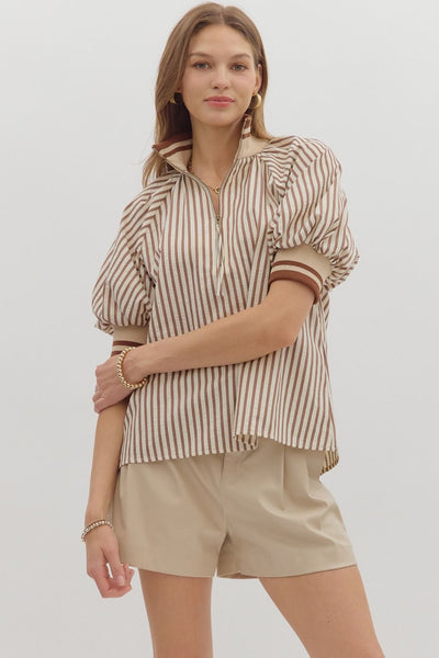 everyday luxe stripe puff sleeve top | caramel
