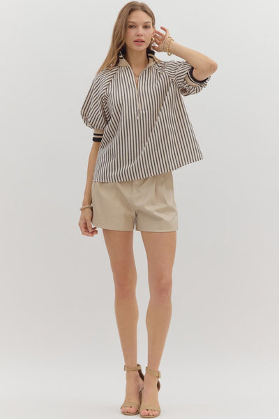 everyday luxe stripe puff sleeve top | black + white