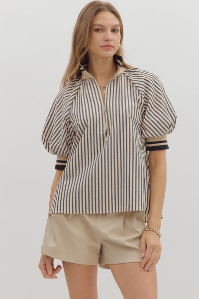 everyday luxe stripe puff sleeve top | black + white