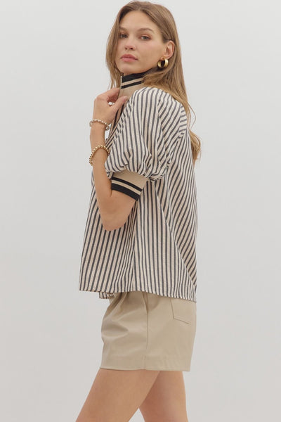 everyday luxe stripe puff sleeve top | black + white