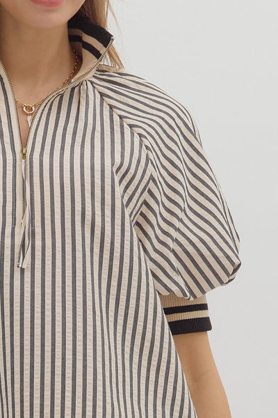 everyday luxe stripe puff sleeve top | black + white