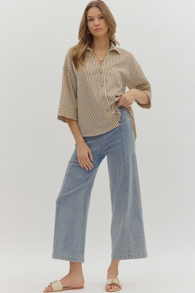 make yourself known striped button up top | brown